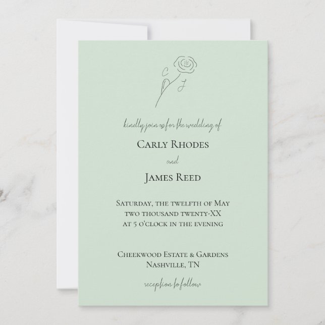Light Green Blume Line Art Monogram Wedding Einladung (Vorderseite)