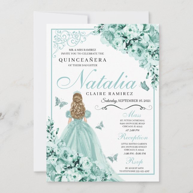 Light Green Butterfly Tiara Princess Quinceanera Einladung (Vorderseite)