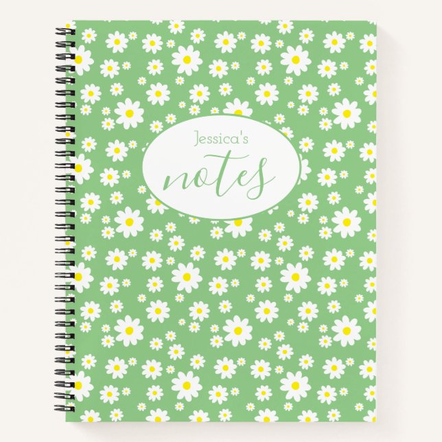 Light Green Daisy Blume Pattern Individuelle Name Notizbuch (Vorderseite)