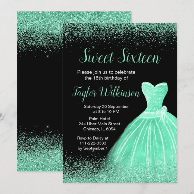 Light Green Dress Imitate Glitzer Sweet 16 Birthda Einladung (Vorne/Hinten)