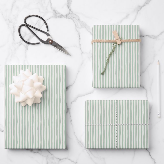 Light Green & Ivory Wonky Stripes Geschenkpapier Set (Vorderseite)