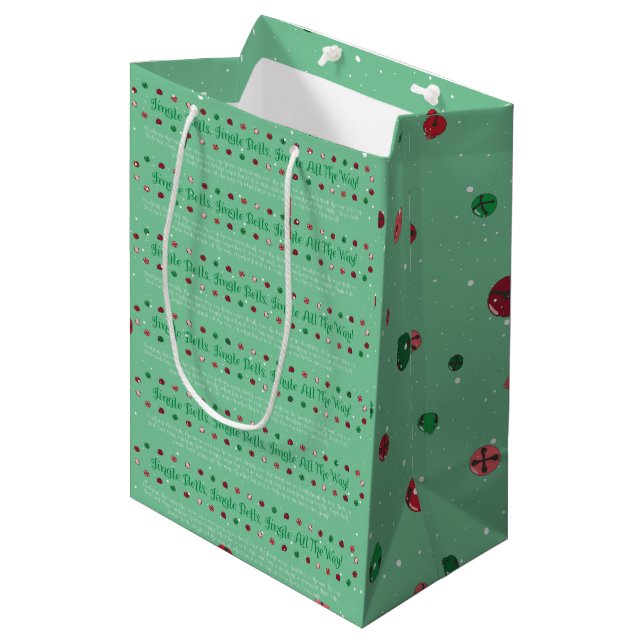 Light Green Jingle Bells Weihnachtsgeschenk-Tasche Mittlere Geschenktüte (Vorderseite Schrägansicht)