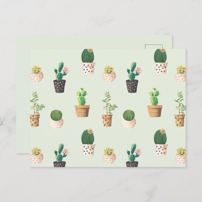 Light Green Niedlich Cactus Cacti Pattern Postcard Postkarte (Vorne/Hinten)