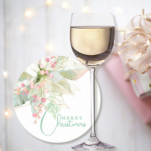 Light Green Pink Gold Poinsettia Frohe Weihnachten Runder Pappuntersetzer (Von Creator hochgeladen)