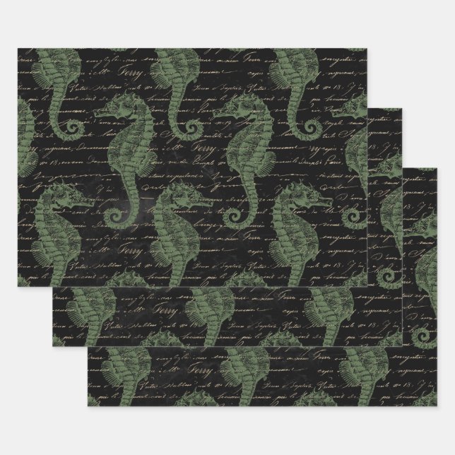 Light Green Seepferde auf Black Geschenkpapier Set (Set)