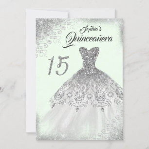 Light Green Silver Lace Diamond Gown Quinceanera Einladung