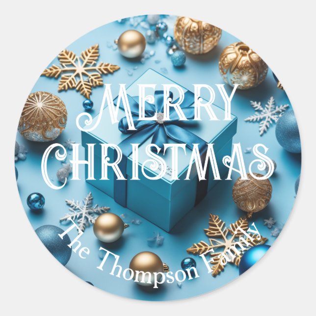 Light Ice Blue und Gold Wrapped Christmas Geschenk Runder Aufkleber (Vorderseite)