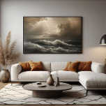 Light in the Storm Poster<br><div class="desc">Seascape with powerful waves and sunbeams breaking through dramatic clouds. Sepia tones create a melancholic and inspiring atmosphere. Perfect for decoration,  posters and wall art. A work that conveys strength,  hope and the untamed beauty of nature in its wildest form.</div>