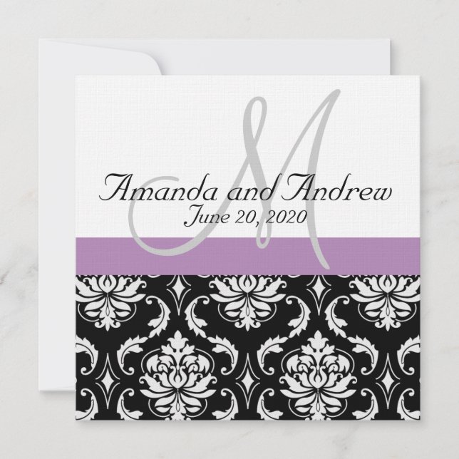 Light Lila Black Damask Names Wedding Einladung (Vorderseite)