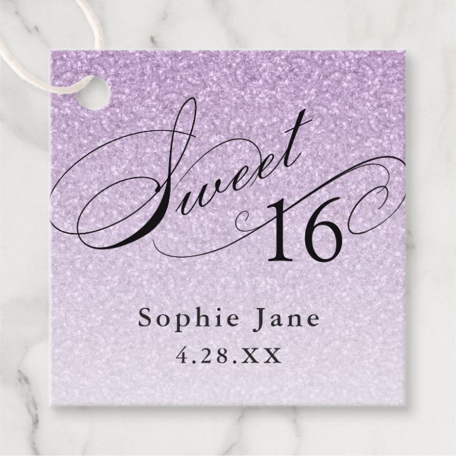 Light Lila Glam Glitzer Sweet 16 Personalisiert Geschenkanhänger (Vorderseite)