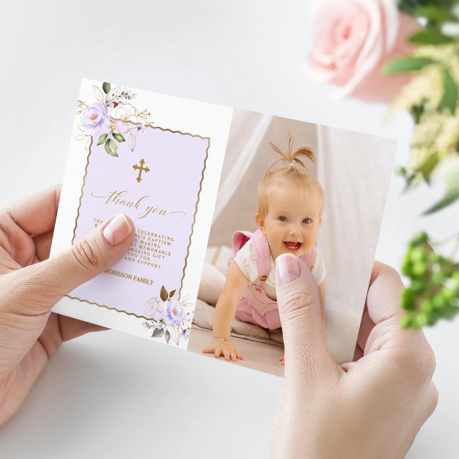 Light Lila Gold Blume Foto Girl Taufe Dankeskarte (photo thank you baptism, trendy photo baptism thank you, elegant light purple baptism thank you)
