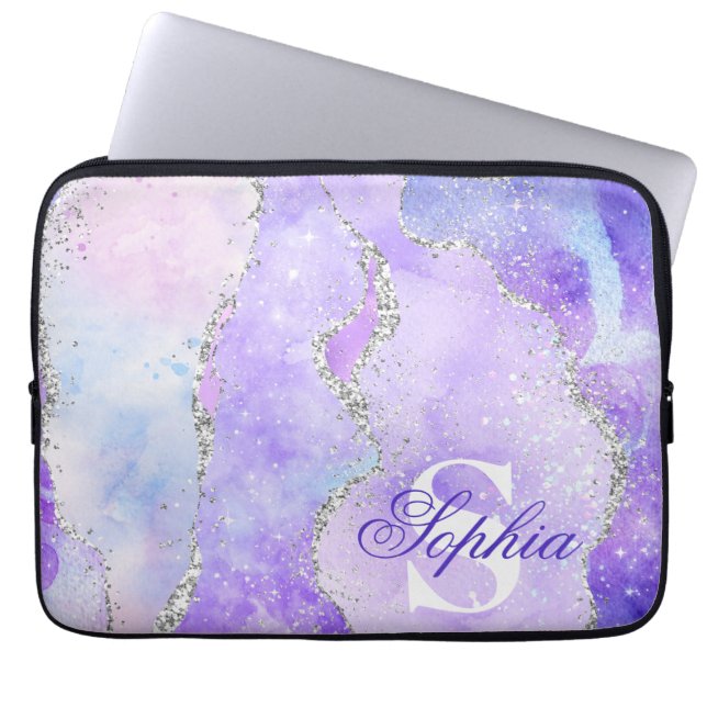 Light Lila & Silver Imitats Glitzer Agate Monogram Laptopschutzhülle (Vorderseite)
