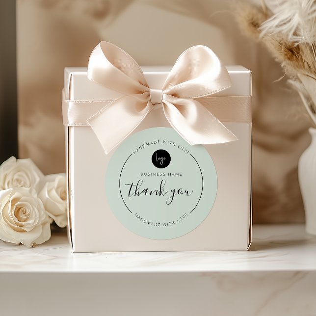 Light Minze Danke, Handmade mit Liebe Runder Aufkleber (Light Mint Thank You Handmade with Love Classic Round Sticker)