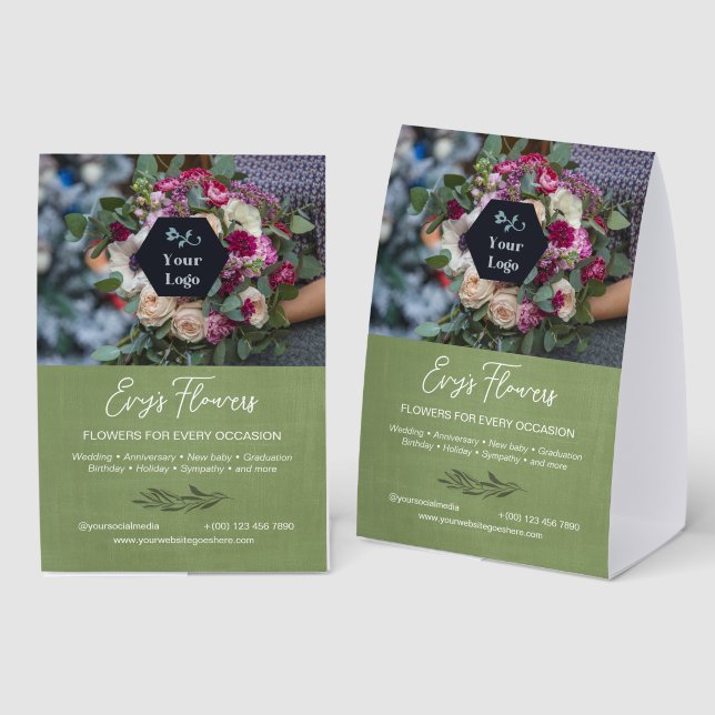 Light Olive Greenery Florist Photo & Your Logo Tischaufsteller (Vorder-/Rückseite)