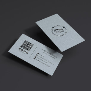 Light Pastel Blue Monogram QR & Social Media Visitenkarte