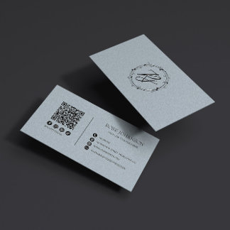Light Pastel Blue Monogram QR & Social Media Visitenkarte