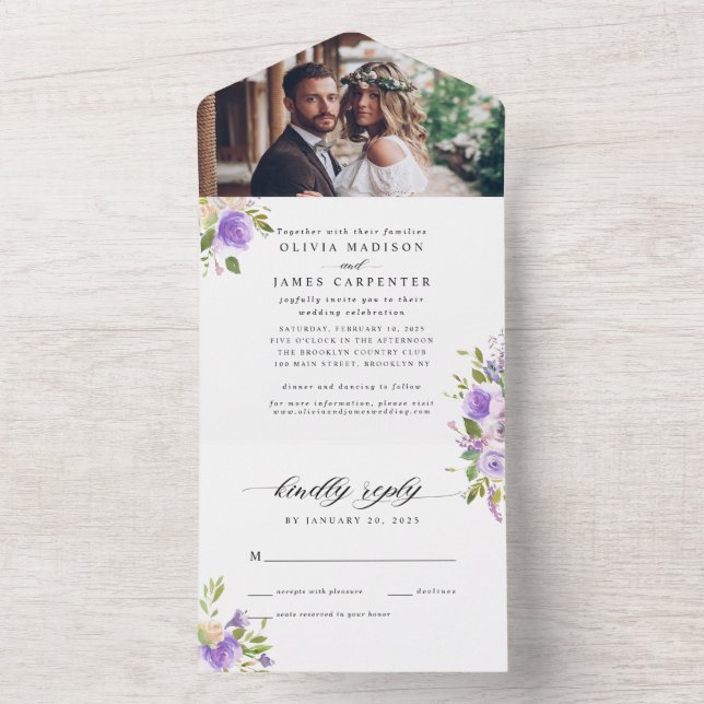 Light Pastel Lila Greenery Foto Hochzeit All In One Einladung (Innen Boden)