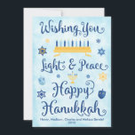 Light & Peace Happy Hanukkah Feiertagskarte<br><div class="desc">In Jewish Hanukkah theme card with a menorah,  Star of David and Driedel. The text reads Wishing You Light & Peace Happy Hanukkah. The background is a light blue watercolor wash. Click Customize It to personalize the back with your own message,  foto and/or company logo.</div>