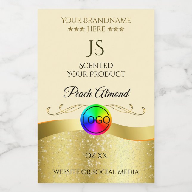 Light Peach Wavy Gold Logo Monogram Étiquette (Étiquettes simples)