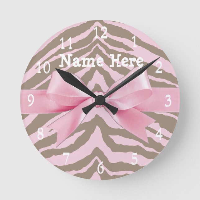 Light Pink and Brown Zebra w/Ribbon Bow Runde Wanduhr (Vorderseite)
