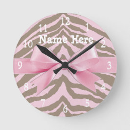 Light Pink and Brown Zebra w/Ribbon Bow Runde Wanduhr
