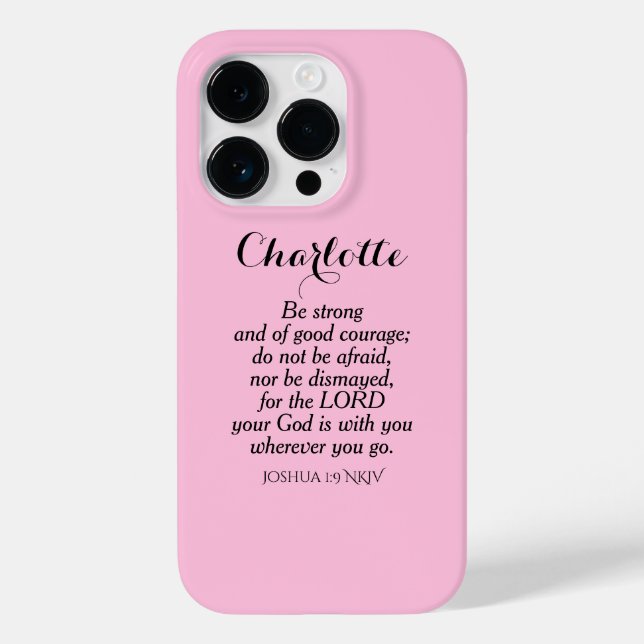 Light Pink Courage Bible Verse Individuelle Name E Case-Mate iPhone 14 Pro Hülle (Rückseite)
