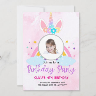 Light Pink Cute Unicorn Stars 4TH Birthday Einladung