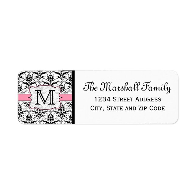 (Light Pink) Damask Monogram-Rücksendeadressen-Auf (Vorne)