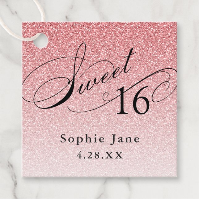 Light Pink Glam Glitzer Sweet 16 Personalisiert Geschenkanhänger (Vorderseite)