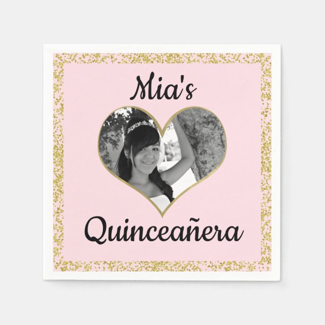 Light Pink & Gold Glitzer Herzstück Foto Personali Serviette (Vorderseite)