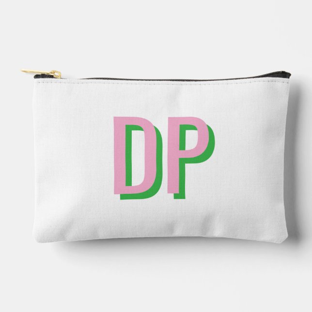 Light Pink + Green Monogram Bridesmaid Zubehörtasche (Vorderseite)