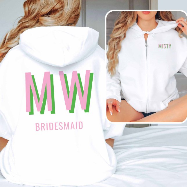 Light Pink + Green Monogram Wedding Party Zip-Up Hoodie (Light Pink + Green Full Zip-up Sweatshirt)