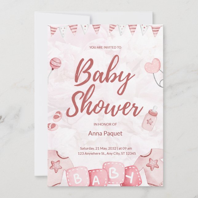 Light Pink Illustration Watercolor Childern Modern Einladung (Vorderseite)