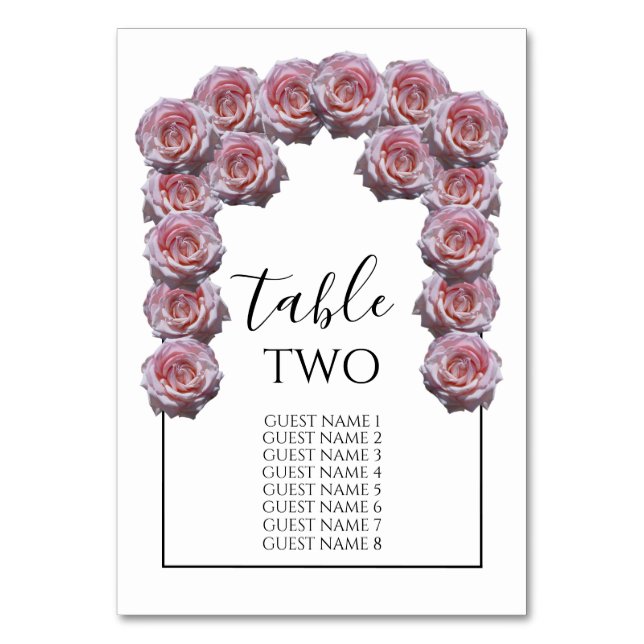 Light Pink Rose Wedding Guest Names Tischnummer (Vorderseite)