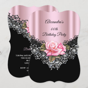 Light Pink Rosen Birthday Party Brice Black Silver Einladung