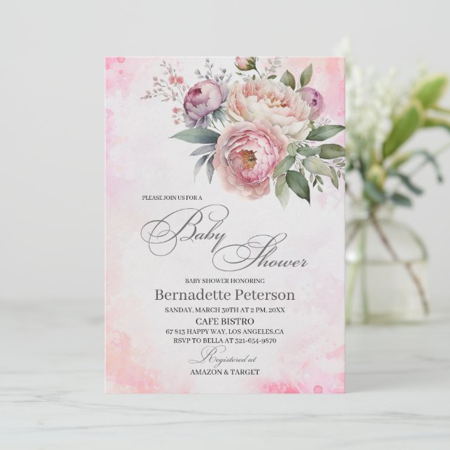 Light Pink Watercolor Blume Kinderdusche Einladung (Stehend Vorderseite)
