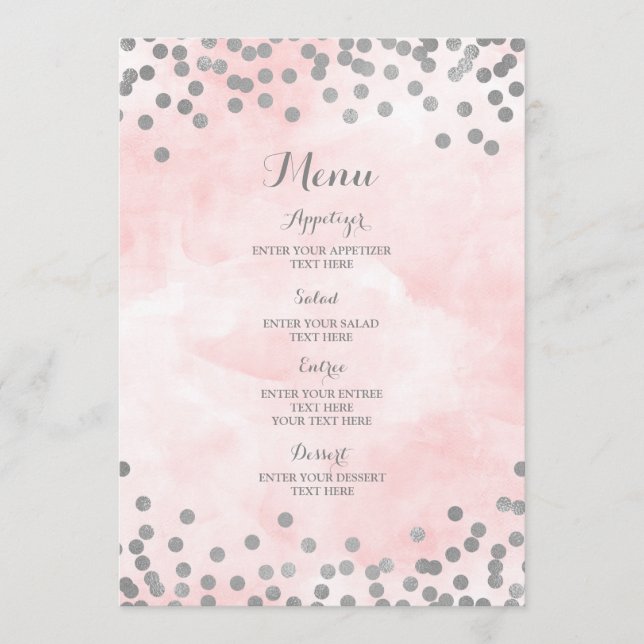 Light Pink Watercolor Silver Confetti Wedding Menu Menükarte (Vorderseite)