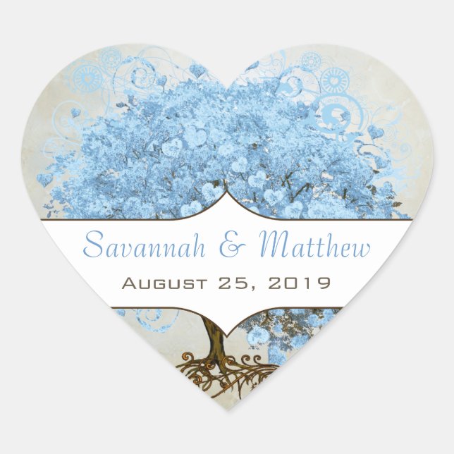 Light Powder Blue Heart Leaf Tree Wedding Siegel Herz-Aufkleber (Vorderseite)