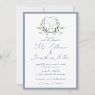 Light Powder Blue Romantic Monogram Wappen Wedding Einladung