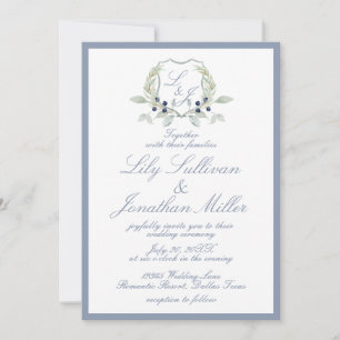 Light Powder Blue Romantic Monogram Wappen Wedding Einladung