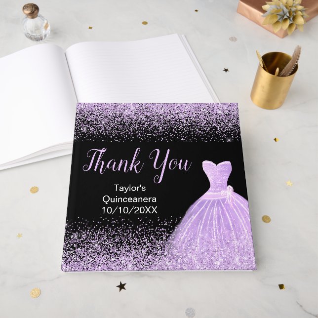 Light Purple Dress Faux Glitter Quinceanera Gästebuch (Vorderseite offen)