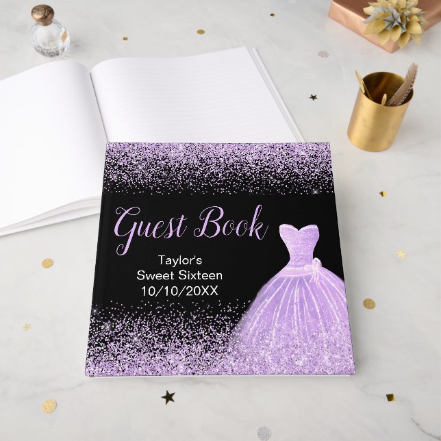 Light Purple Dress Faux Glitter Sweet 16 Birthday Gästebuch (Vorderseite offen)