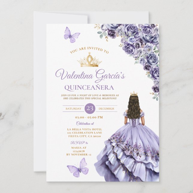 Light Purple Dress Quinceañera 15 Anos Floral Gold Einladung (Vorderseite)