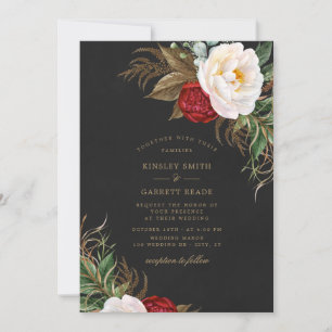 Light Red Watercolor Peonies Floral Black Wedding Einladung