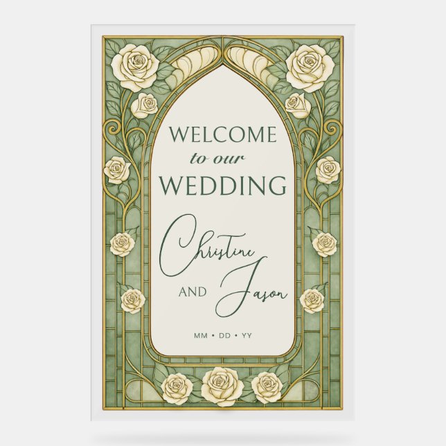Light Sage Stained Glass Floral Wedding Welcome  Acrylschild (Vorderseite)