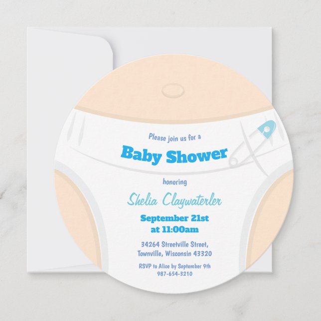 Light Skin & Diaper Blue Baby Dusche Einladung (Vorderseite)