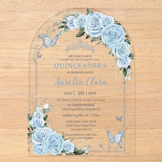Light Sky Blue Rose Floral Quinceñera Sweet 16 15 Acryleinladungen (Vorderseite)