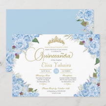 Light Sky Blue Rosen Floral Gold Tiara Quinceanera