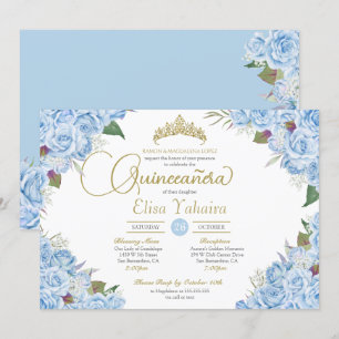 Light Sky Blue Rosen Floral Gold Tiara Quinceanera Einladung
