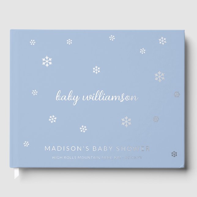 Light Steel Blue Snowflakes Boy Winter Baby Dusche Gästebuch (Vorderseite)